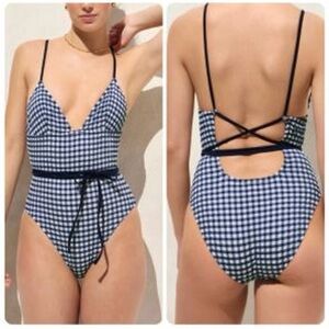 J. Crew Navy and White Gingham One Piece Swimsuit